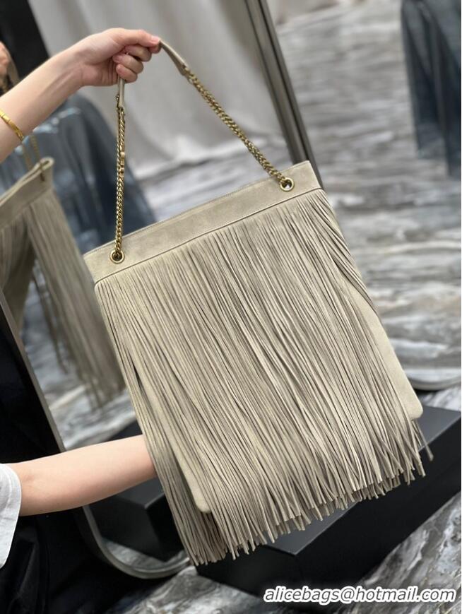 Inexpensive SAINT LAURENT MEDIUM CHAIN BAG IN LIGHT SUEDE WITH FRINGES 633752 BEIGE