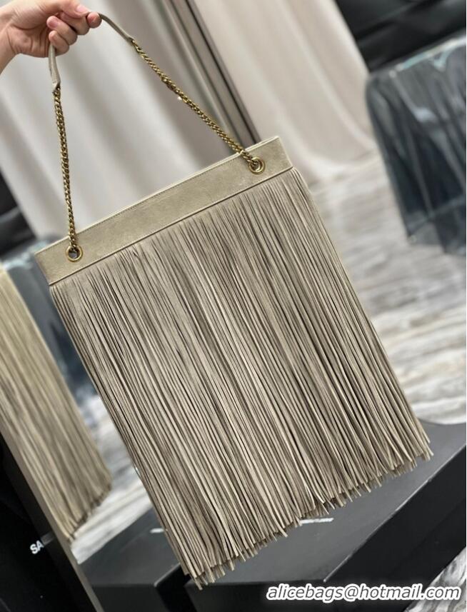 Inexpensive SAINT LAURENT MEDIUM CHAIN BAG IN LIGHT SUEDE WITH FRINGES 633752 BEIGE