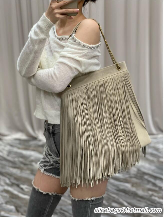 Inexpensive SAINT LAURENT MEDIUM CHAIN BAG IN LIGHT SUEDE WITH FRINGES 633752 BEIGE