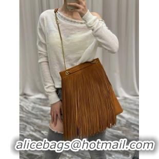 Top Quality SAINT LAURENT MEDIUM CHAIN BAG IN LIGHT SUEDE WITH FRINGES 633752 Brown