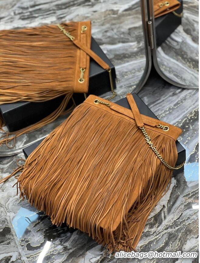 Top Quality SAINT LAURENT MEDIUM CHAIN BAG IN LIGHT SUEDE WITH FRINGES 633752 Brown