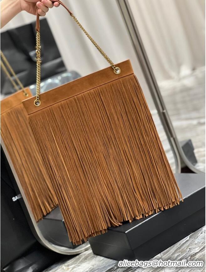 Top Quality SAINT LAURENT MEDIUM CHAIN BAG IN LIGHT SUEDE WITH FRINGES 633752 Brown