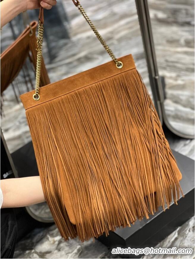 Top Quality SAINT LAURENT MEDIUM CHAIN BAG IN LIGHT SUEDE WITH FRINGES 633752 Brown