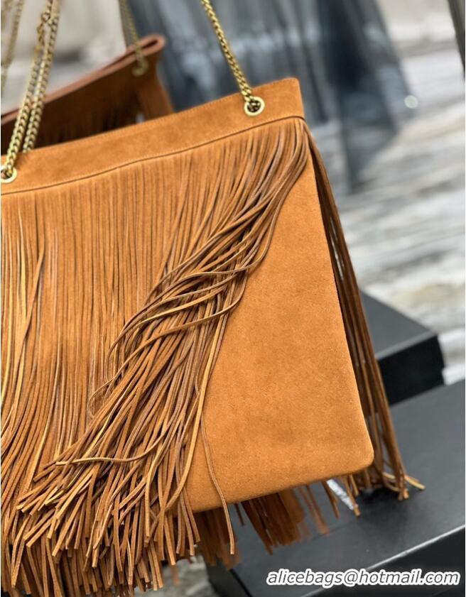 Top Quality SAINT LAURENT MEDIUM CHAIN BAG IN LIGHT SUEDE WITH FRINGES 633752 Brown