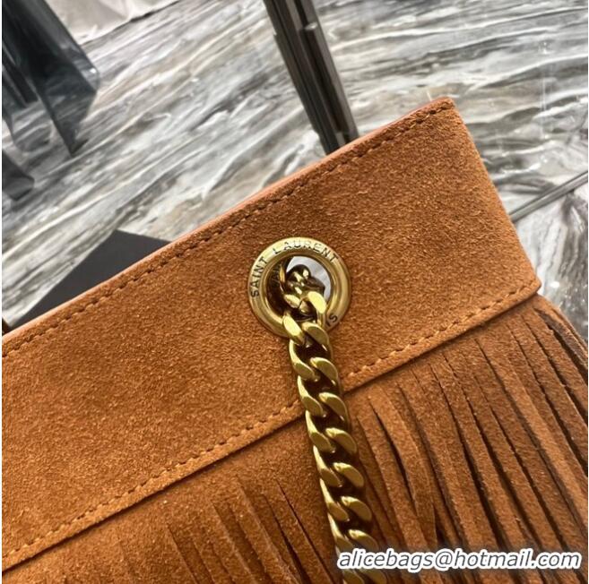 Top Quality SAINT LAURENT MEDIUM CHAIN BAG IN LIGHT SUEDE WITH FRINGES 633752 Brown