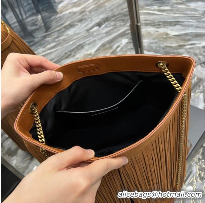 Top Quality SAINT LAURENT MEDIUM CHAIN BAG IN LIGHT SUEDE WITH FRINGES 633752 Brown