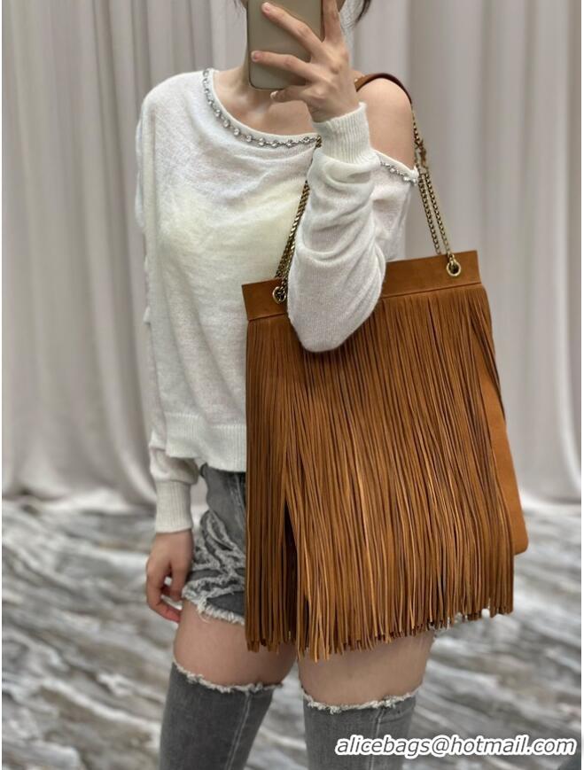 Top Quality SAINT LAURENT MEDIUM CHAIN BAG IN LIGHT SUEDE WITH FRINGES 633752 Brown