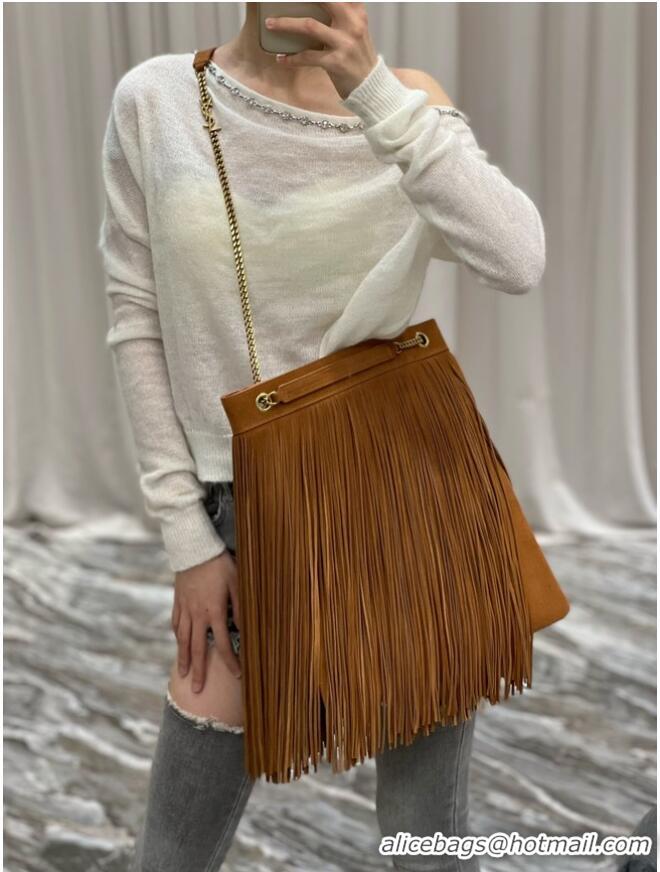 Top Quality SAINT LAURENT MEDIUM CHAIN BAG IN LIGHT SUEDE WITH FRINGES 633752 Brown