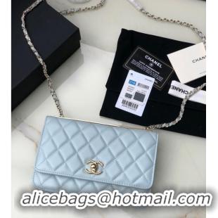 Top Quality CHANEL WALLET ON CHAIN Lambskin & light Gold-Tone Metal 80892 light blue