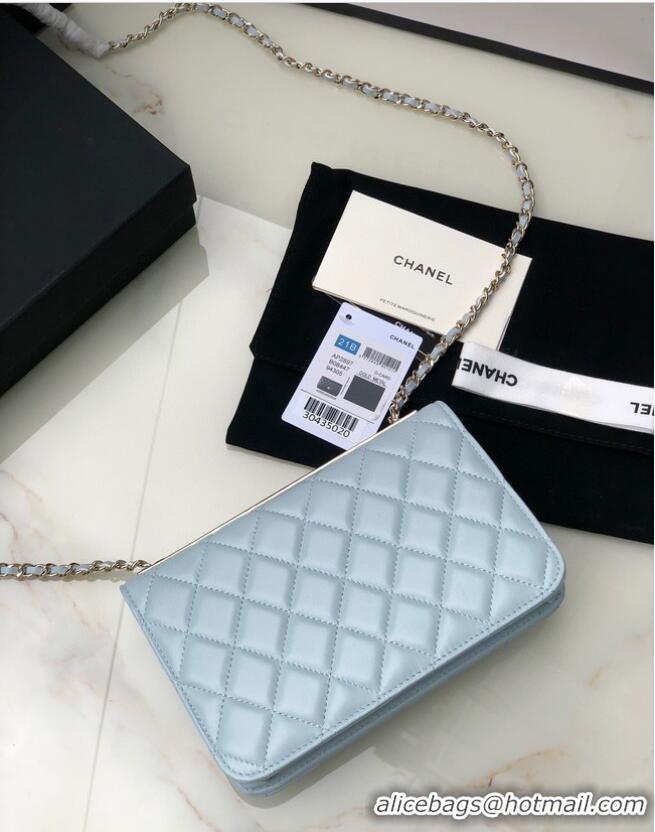 Top Quality CHANEL WALLET ON CHAIN Lambskin & light Gold-Tone Metal 80892 light blue