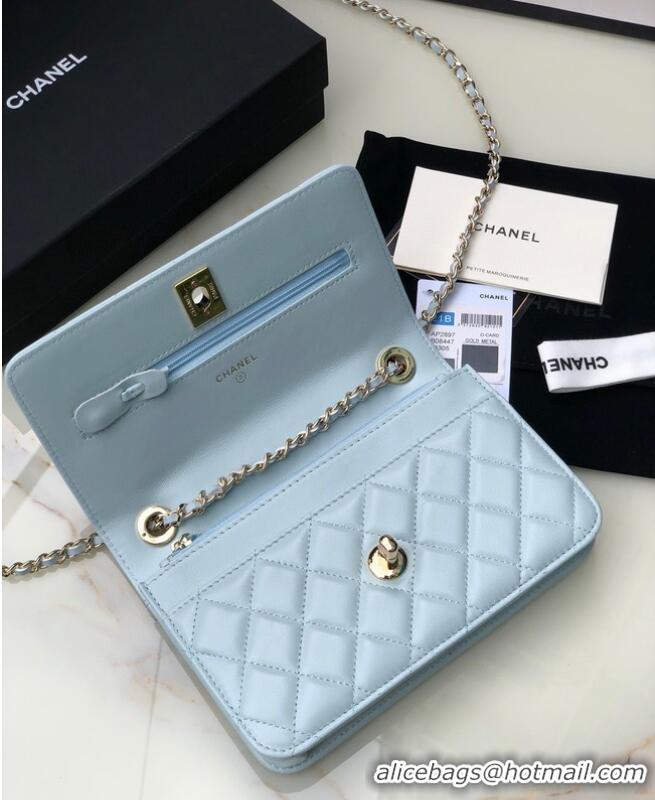 Top Quality CHANEL WALLET ON CHAIN Lambskin & light Gold-Tone Metal 80892 light blue