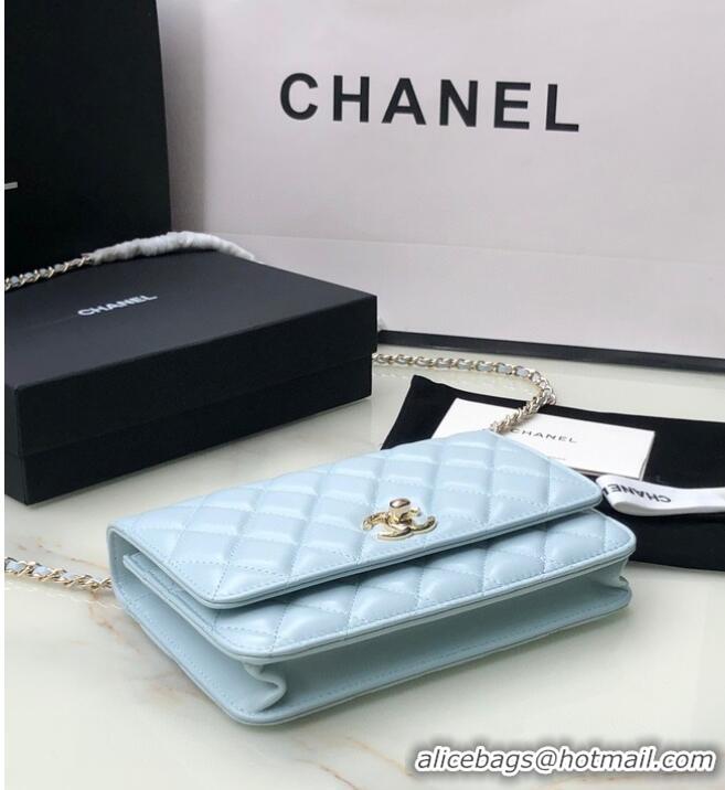 Top Quality CHANEL WALLET ON CHAIN Lambskin & light Gold-Tone Metal 80892 light blue