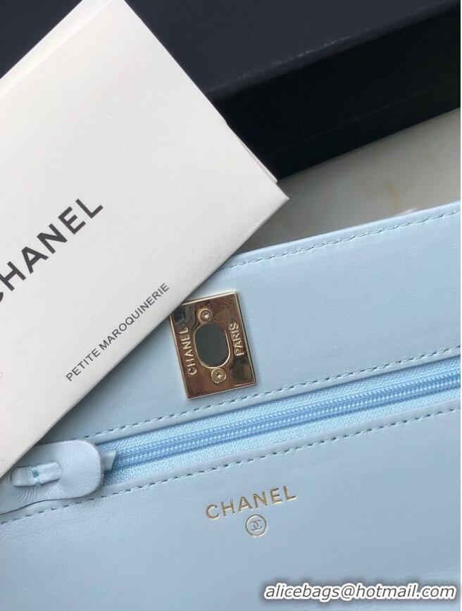 Top Quality CHANEL WALLET ON CHAIN Lambskin & light Gold-Tone Metal 80892 light blue