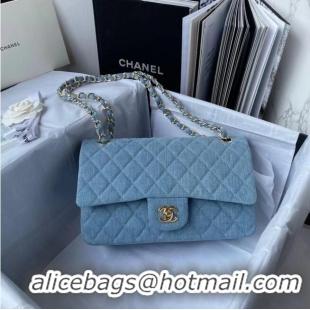 Popular Style CHANEL CLASSIC HANDBAG Printed Denim & Gold-Tone Metal 1112 Light Blue