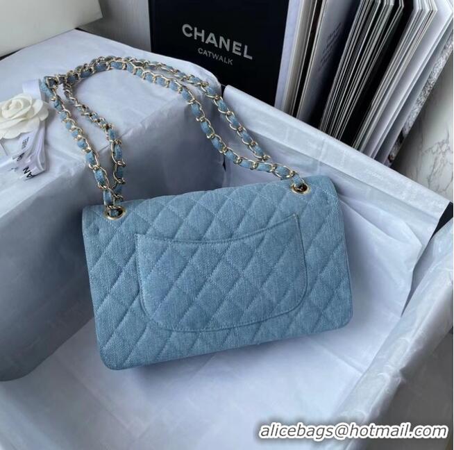 Popular Style CHANEL CLASSIC HANDBAG Printed Denim & Gold-Tone Metal 1112 Light Blue