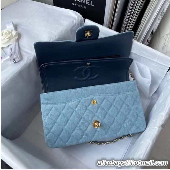 Popular Style CHANEL CLASSIC HANDBAG Printed Denim & Gold-Tone Metal 1112 Light Blue