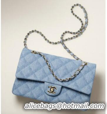 Popular Style CHANEL CLASSIC HANDBAG Printed Denim & Gold-Tone Metal 1112 Light Blue