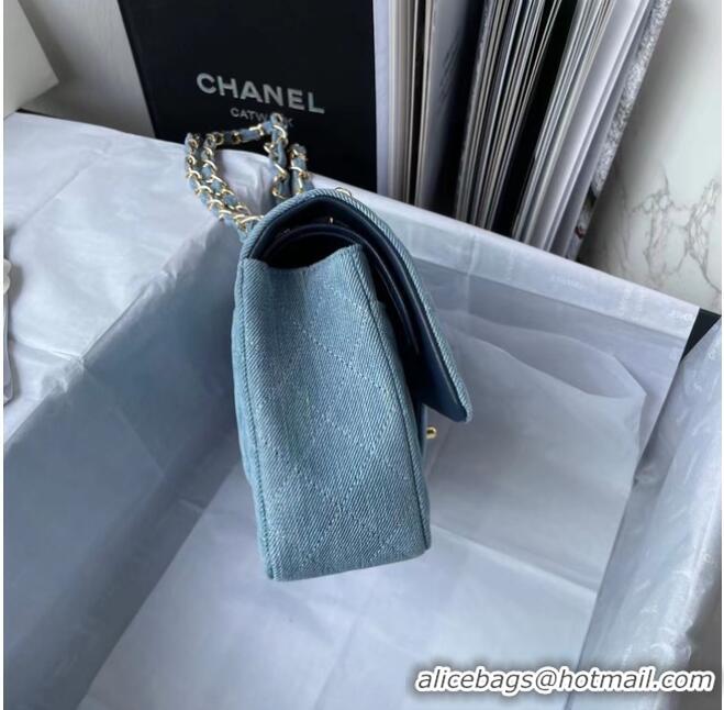 Popular Style CHANEL CLASSIC HANDBAG Printed Denim & Gold-Tone Metal 1112 Light Blue