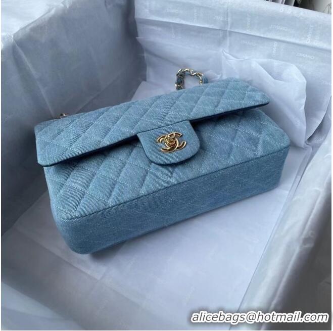 Popular Style CHANEL CLASSIC HANDBAG Printed Denim & Gold-Tone Metal 1112 Light Blue