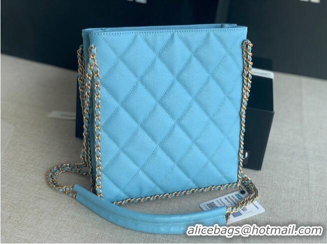 Grade Chanel SMALL SHOPPING BAG Grained Calfskin & Gold-Tone Metal AS3470 light blue