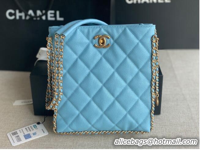 Grade Chanel SMALL SHOPPING BAG Grained Calfskin & Gold-Tone Metal AS3470 light blue