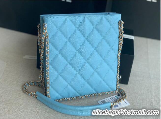 Grade Chanel SMALL SHOPPING BAG Grained Calfskin & Gold-Tone Metal AS3470 light blue