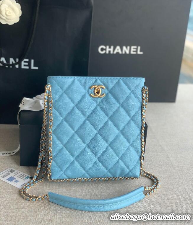 Grade Chanel SMALL SHOPPING BAG Grained Calfskin & Gold-Tone Metal AS3470 light blue