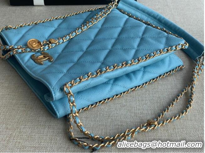 Grade Chanel SMALL SHOPPING BAG Grained Calfskin & Gold-Tone Metal AS3470 light blue