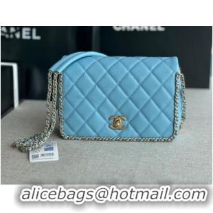 Famous Brand Chanel SMALL Flap Bag Grained Calfskin & Gold-Tone Metal AS3467 light blue