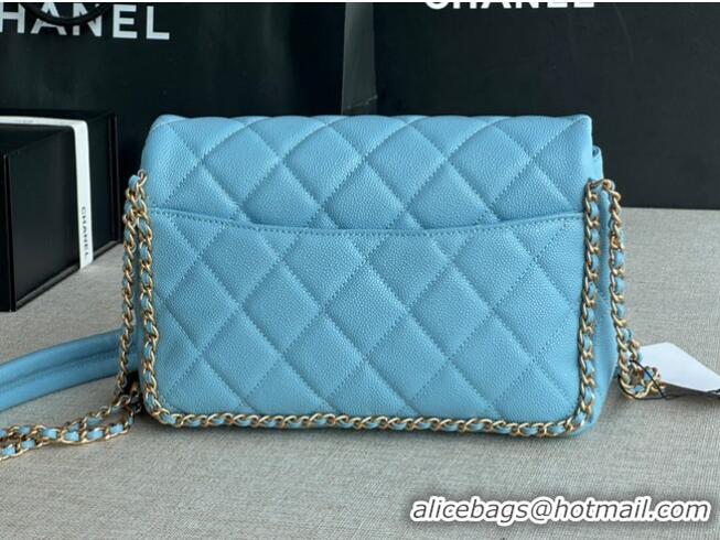 Famous Brand Chanel SMALL Flap Bag Grained Calfskin & Gold-Tone Metal AS3467 light blue