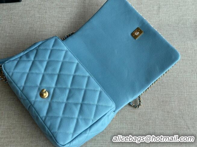 Famous Brand Chanel SMALL Flap Bag Grained Calfskin & Gold-Tone Metal AS3467 light blue