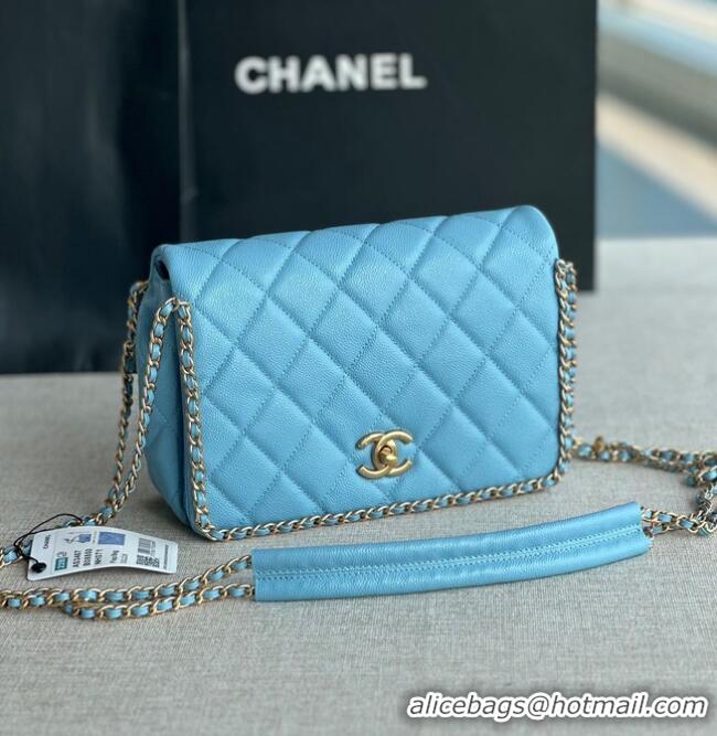 Famous Brand Chanel SMALL Flap Bag Grained Calfskin & Gold-Tone Metal AS3467 light blue