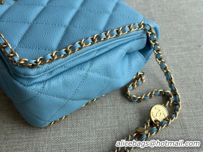 Famous Brand Chanel SMALL Flap Bag Grained Calfskin & Gold-Tone Metal AS3467 light blue