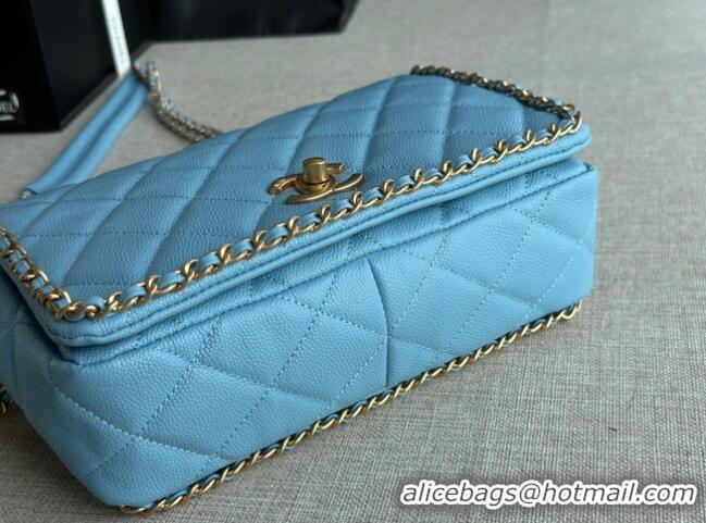 Famous Brand Chanel SMALL Flap Bag Grained Calfskin & Gold-Tone Metal AS3467 light blue