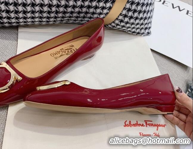 Top Design Salvatore Ferragamo Patent Leather Ballerinas Flat Burgundy 081099