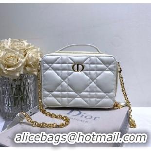 Pretty Style DIOR CARO BOX BAG WITH CHAIN Latte Quilted Macrocannage Calfskin S5140UNG white