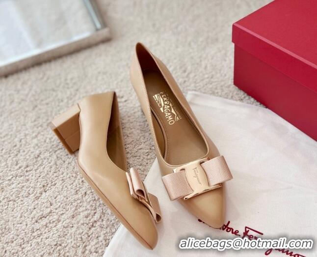 Classic Hot Salvatore Ferragamo Alice Vara Bow Point Pumps 5.5cm Beige 2101173