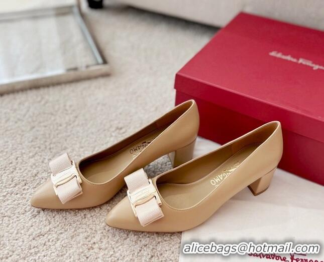 Classic Hot Salvatore Ferragamo Alice Vara Bow Point Pumps 5.5cm Beige 2101173