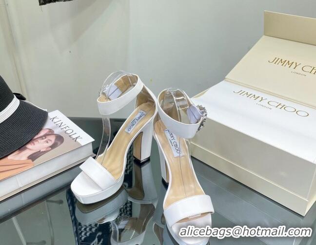 Top Design Jimmy Choo Leather High Heel Platform Sandals 11.5cm with Crystal Buckle White 062259