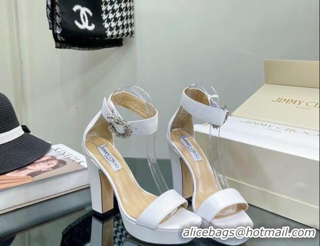 Top Design Jimmy Choo Leather High Heel Platform Sandals 11.5cm with Crystal Buckle White 062259