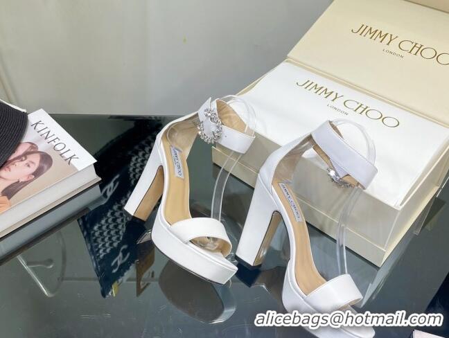 Top Design Jimmy Choo Leather High Heel Platform Sandals 11.5cm with Crystal Buckle White 062259