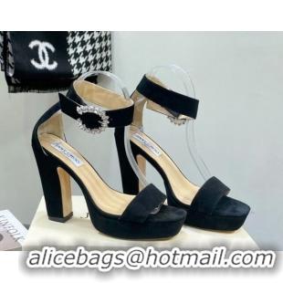 Best Grade Jimmy Choo Suede High Heel Platform Sandals 11.5cm with Crystal Buckle Black 062260