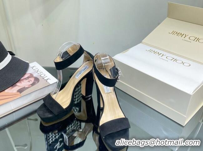 Best Grade Jimmy Choo Suede High Heel Platform Sandals 11.5cm with Crystal Buckle Black 062260