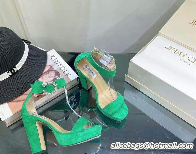 Pretty Style Jimmy Choo Suede High Heel Platform Sandals 11.5cm with Crystal Buckle Green 062261