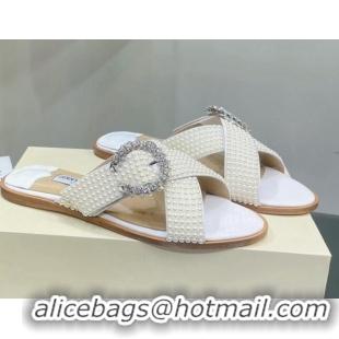 Top Grade Jimmy Choo Pearl Flat Sandals with Crystal Buckle White 2062262