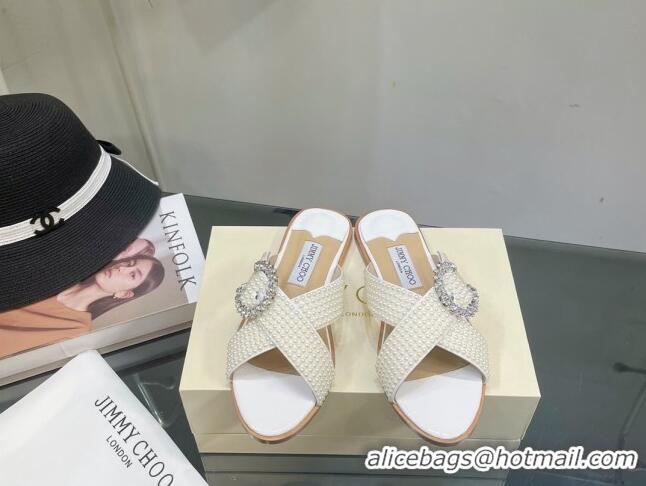 Top Grade Jimmy Choo Pearl Flat Sandals with Crystal Buckle White 2062262