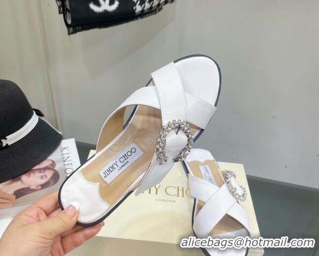 Low Price Jimmy Choo Calfskin Flat Sandals with Crystal Buckle White 2062263