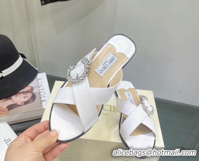 Low Price Jimmy Choo Calfskin Flat Sandals with Crystal Buckle White 2062263