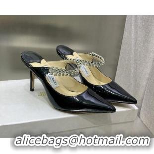 Shop Cheap Jimmy Choo Patent Leather 8.5cm Heel Mules with Crystal Strap Black 2070418