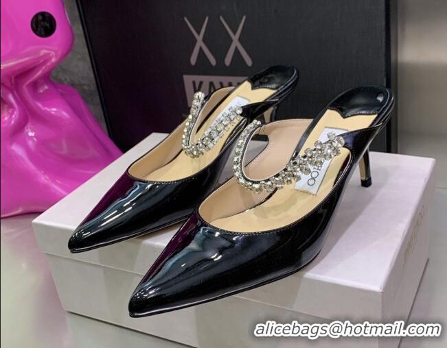 Shop Cheap Jimmy Choo Patent Leather 8.5cm Heel Mules with Crystal Strap Black 2070418